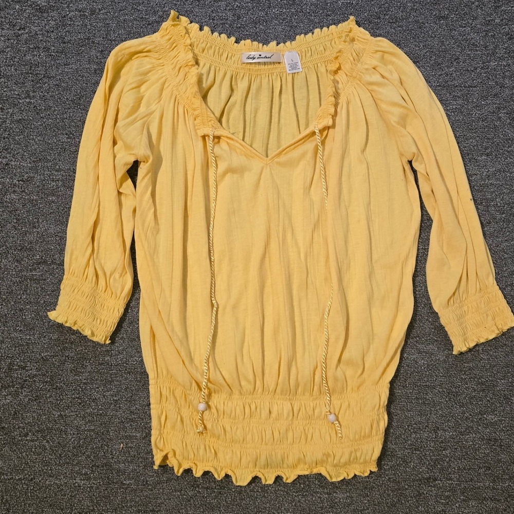 Body Central Peasant Top‎ Bohemian Blouse Smocked 3/4 Sleeve Yellow L